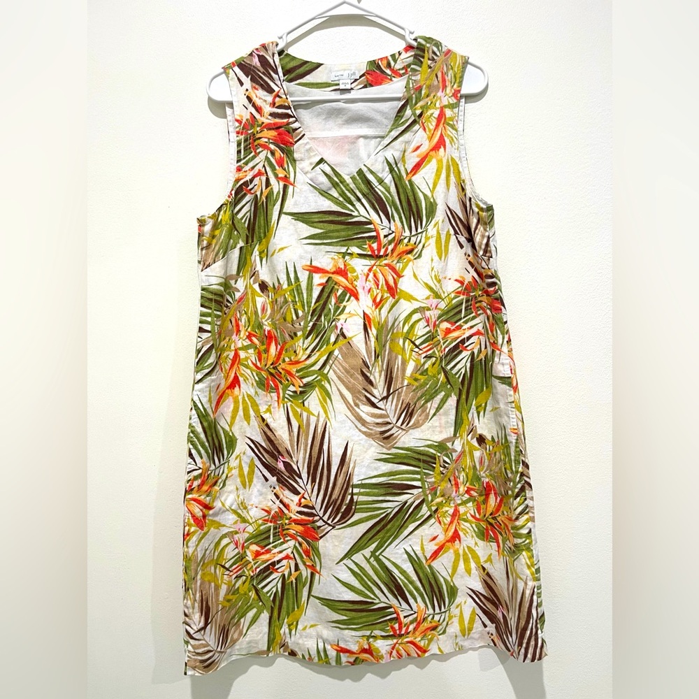 Jill Love Linen Tropical V-Neck Linen Palm Print Sleeveless Shift Dress Size M